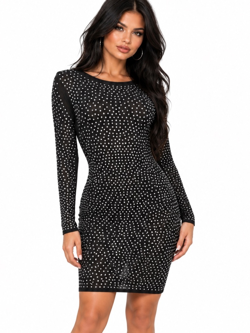 Black Rhinestone Studded Long Sleeve Bodycon Dress Large